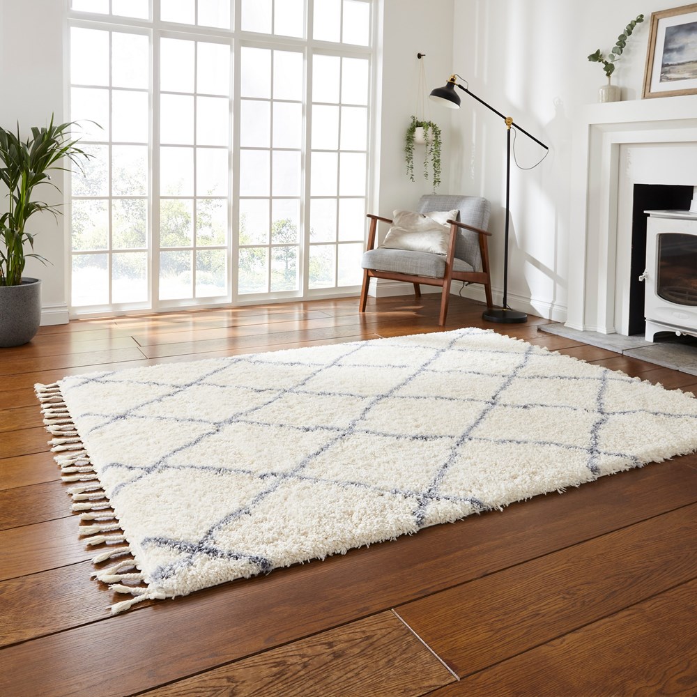 Boho Moroccan 1819 Shaggy Rugs in Ivory Grey